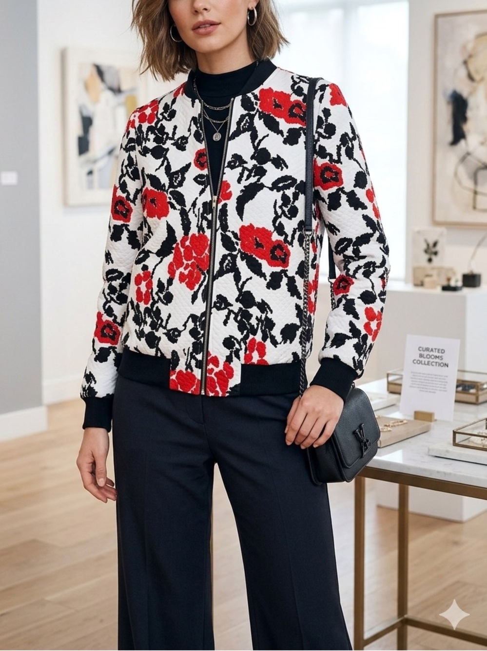 ✨ GIRLS ON FILM Women’s Floral Bomber Jacket 🌸 Red Black White Quilted Zip Up💛